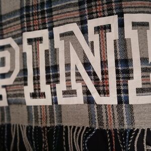 PINK Blanket Plaid Scarf with Bold Lettering